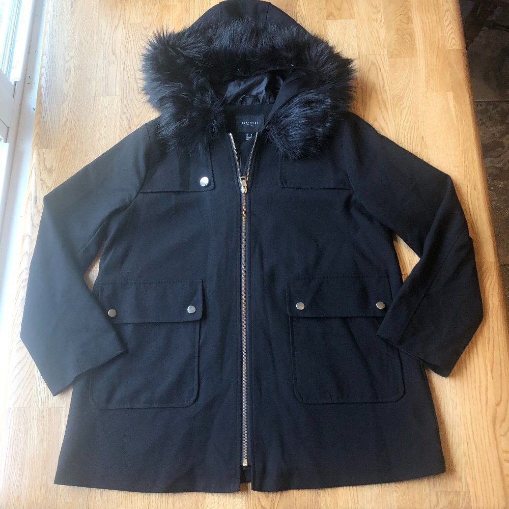 Cortefiel Woman Black Jacket Faux Fur Hood US Size 6